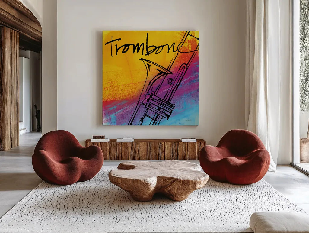 Trombone by Anne Tavoletti. Shown as extra-large giant wall art in a modern living room. Available as an archival giclee rolled canvas, fine art paper, or poster print. SKU 59276a.