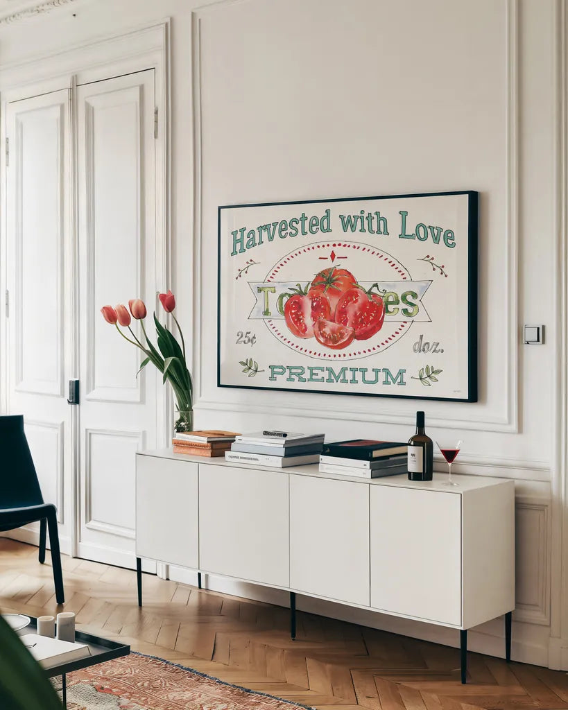 Veggie Market I by Anne Tavoletti. shown as a framed stretched canvas in a living room above a console. Available as a archival giclee rolled canvas, fine art paper, or poster print. SKU 52614i.