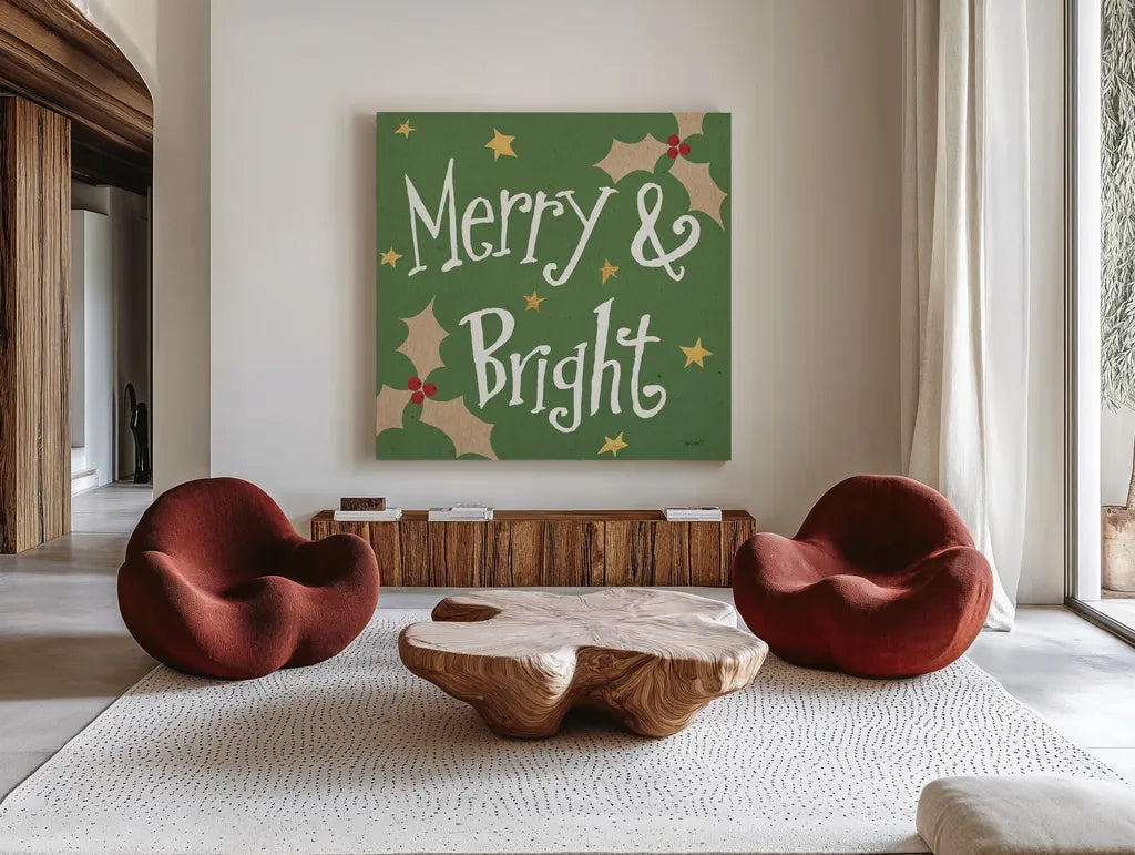 Vintage St Nick V Bright by Anne Tavoletti. Shown as extra-large giant wall art in a modern living room. Available as an archival giclee rolled canvas, fine art paper, or poster print. SKU 37707a.