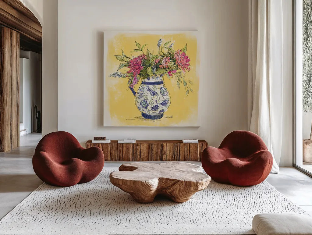 Zinnias in Pitcher by Anne Tavoletti. Shown as extra-large giant wall art in a modern living room. Available as an archival giclee rolled canvas, fine art paper, or poster print. SKU 100599a.
