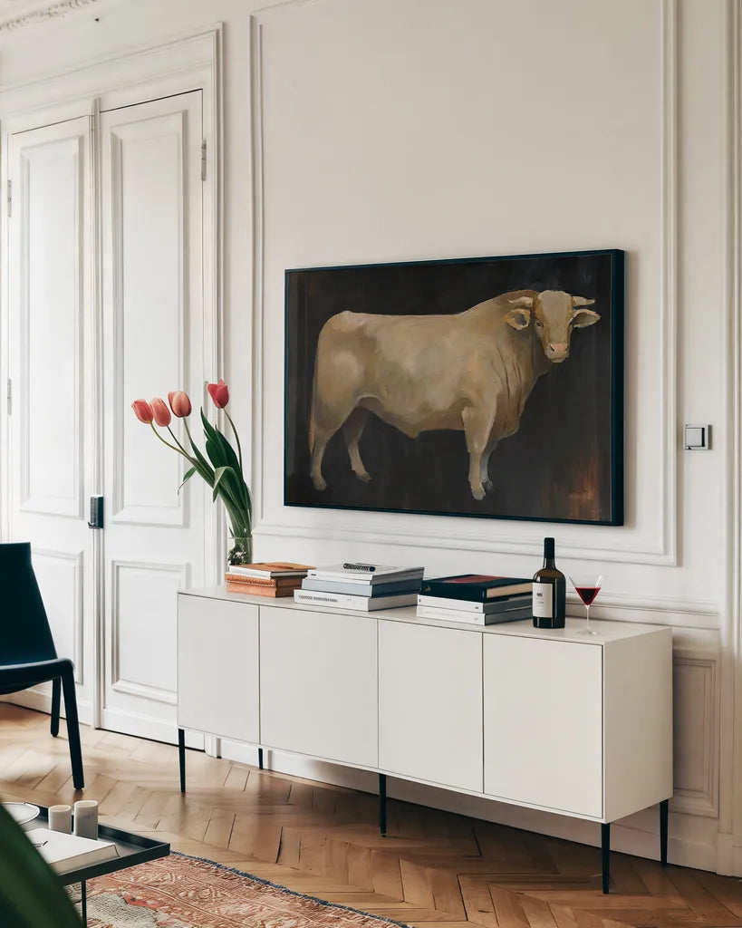 Beau Crop by Avery Tillmon. shown as a framed stretched canvas in a living room above a console. Available as a archival giclee rolled canvas, fine art paper, or poster print. SKU 31251i.