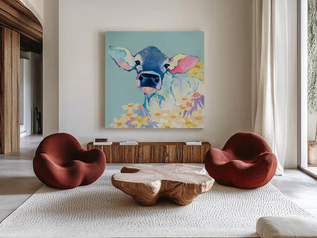 Bessie with Flowers on Teal by Avery Tillmon. Shown as extra-large giant wall art in a modern living room. Available as an archival giclee rolled canvas, fine art paper, or poster print. SKU 27729a.