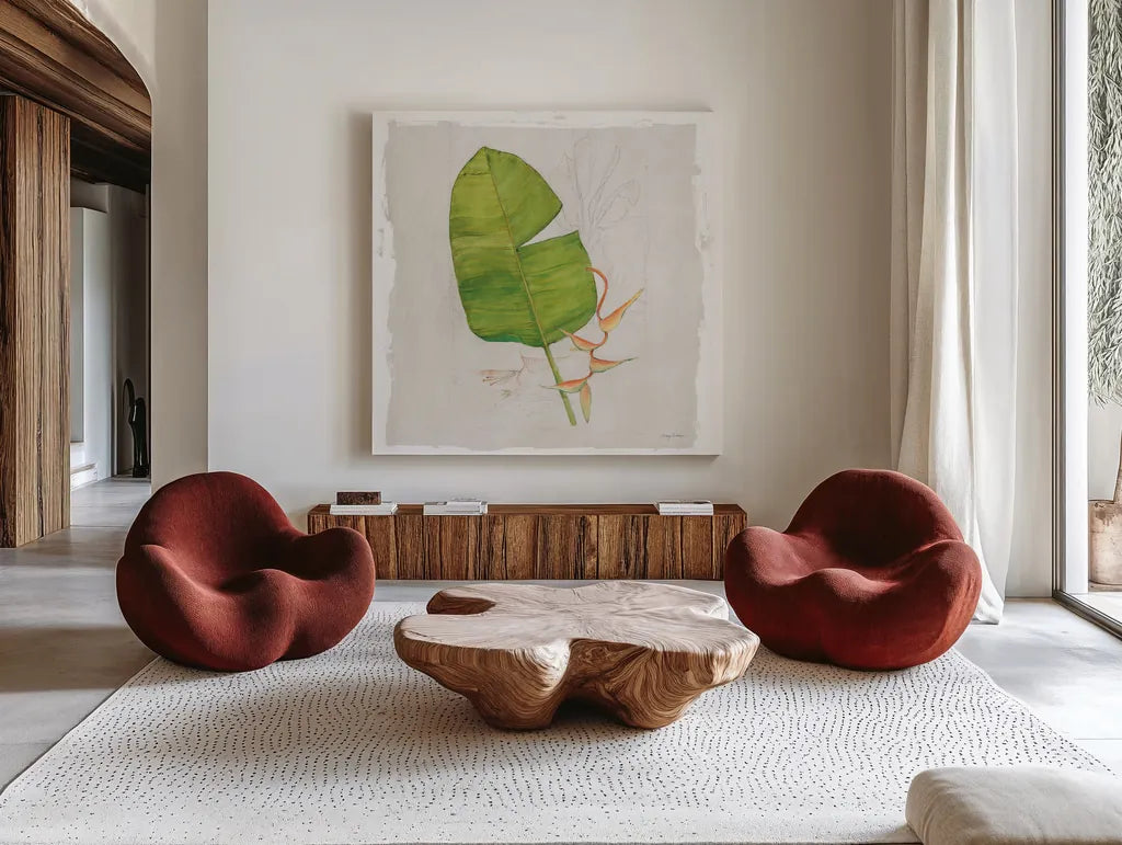 Botanical Journal I Light Sq by Avery Tillmon. Shown as extra-large giant wall art in a modern living room. Available as an archival giclee rolled canvas, fine art paper, or poster print. SKU 56504a.