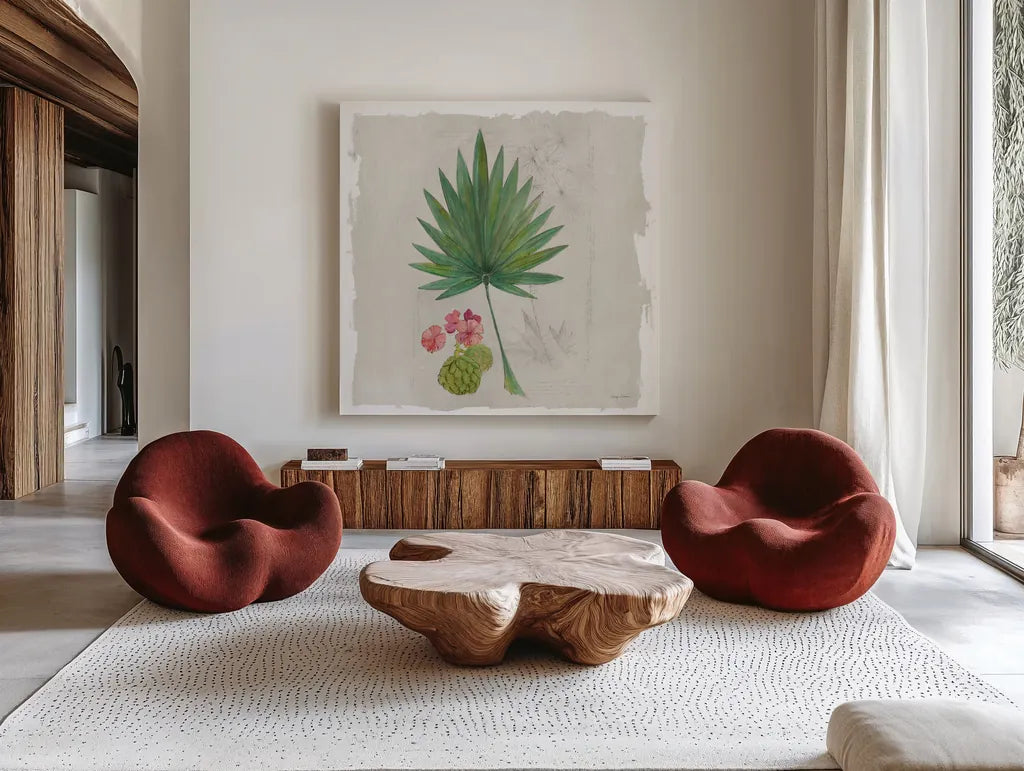 Botanical Journal II Light Sq by Avery Tillmon. Shown as extra-large giant wall art in a modern living room. Available as an archival giclee rolled canvas, fine art paper, or poster print. SKU 56509a.
