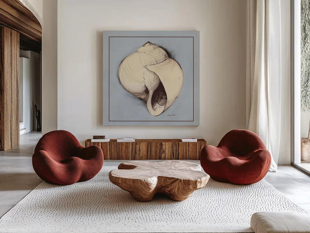 Coastal Shell I with Border by Avery Tillmon. Shown as extra-large giant wall art in a modern living room. Available as an archival giclee rolled canvas, fine art paper, or poster print. SKU 8578a.