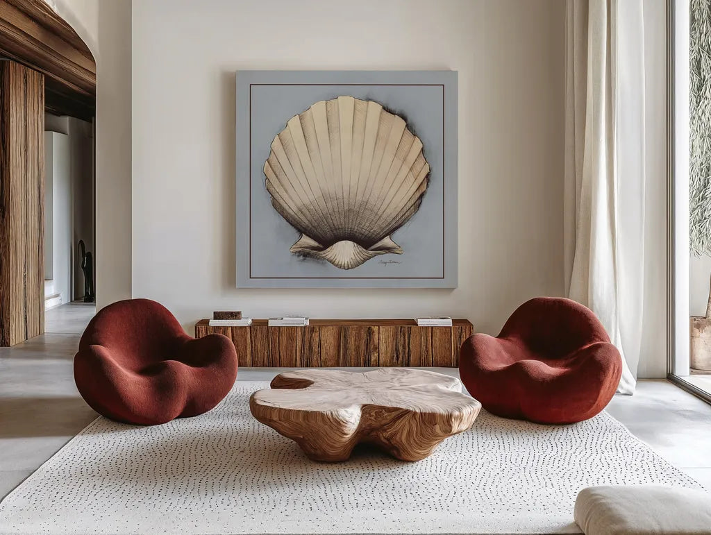 Coastal Shell II with Border by Avery Tillmon. Shown as extra-large giant wall art in a modern living room. Available as an archival giclee rolled canvas, fine art paper, or poster print. SKU 8579a.
