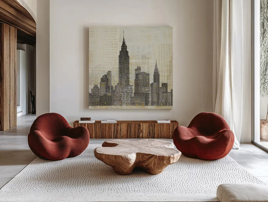 Empire Skyline Square by Avery Tillmon. Shown as extra-large giant wall art in a modern living room. Available as an archival giclee rolled canvas, fine art paper, or poster print. SKU 11172a.