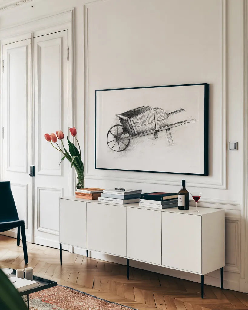 Farm and Garden IV by Avery Tillmon. shown as a framed stretched canvas in a living room above a console. Available as a archival giclee rolled canvas, fine art paper, or poster print. SKU 59900i.