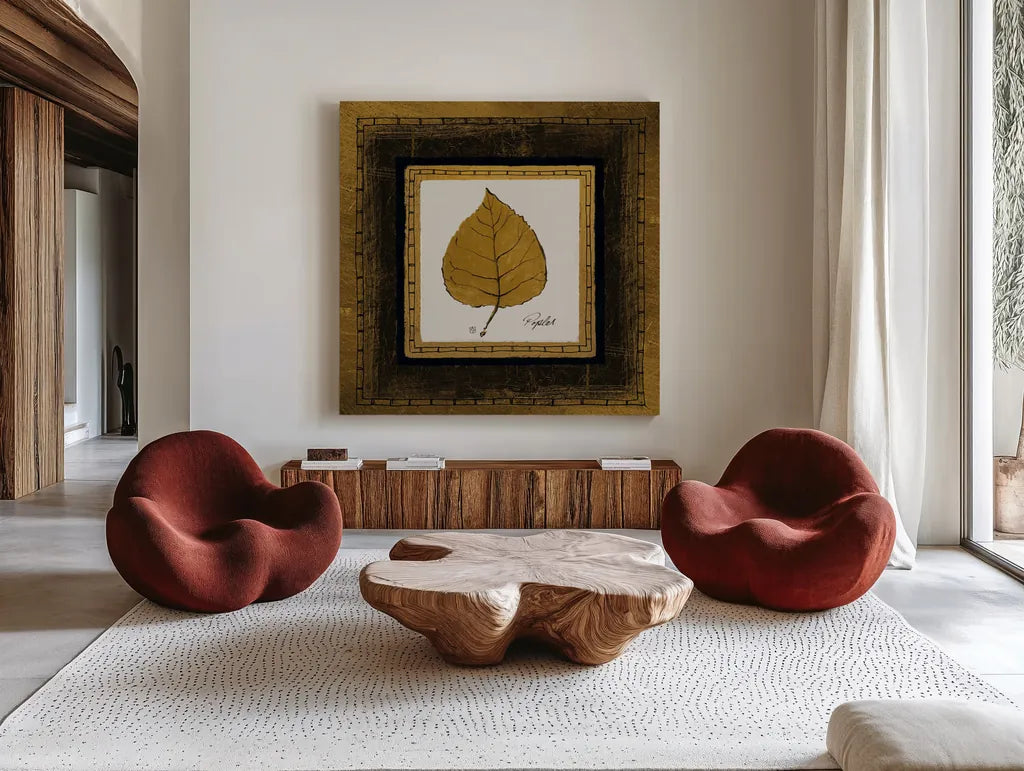 Gilded Poplar by Avery Tillmon. Shown as extra-large giant wall art in a modern living room. Available as an archival giclee rolled canvas, fine art paper, or poster print. SKU 8573a.