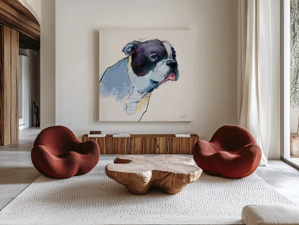 Jason Watercolor Pastel by Avery Tillmon. Shown as extra-large giant wall art in a modern living room. Available as an archival giclee rolled canvas, fine art paper, or poster print. SKU 54618a.