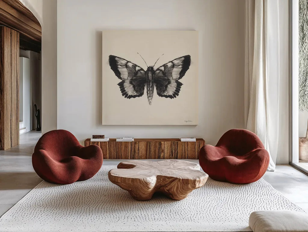 Moth V Sq by Avery Tillmon. Shown as extra-large giant wall art in a modern living room. Available as an archival giclee rolled canvas, fine art paper, or poster print. SKU 85903a.