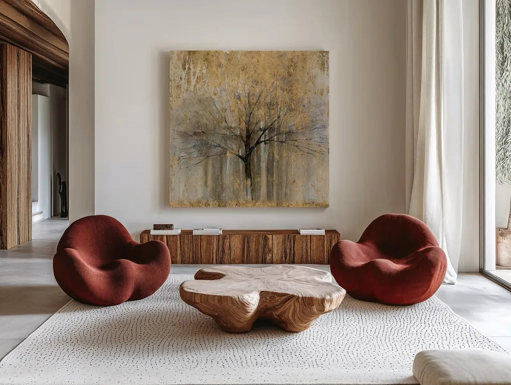 Open Arms Gold Crop by Avery Tillmon. Shown as extra-large giant wall art in a modern living room. Available as an archival giclee rolled canvas, fine art paper, or poster print. SKU 28277a.