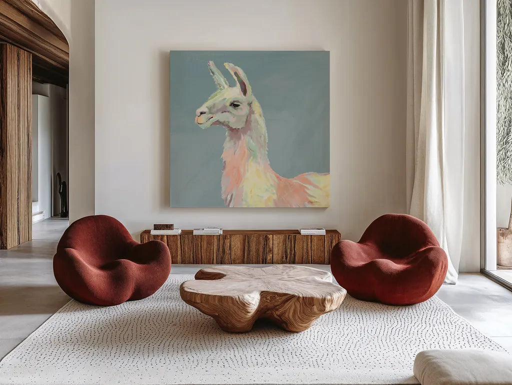 Ophelia on Blue Crop by Avery Tillmon. Shown as extra-large giant wall art in a modern living room. Available as an archival giclee rolled canvas, fine art paper, or poster print. SKU 69165a.