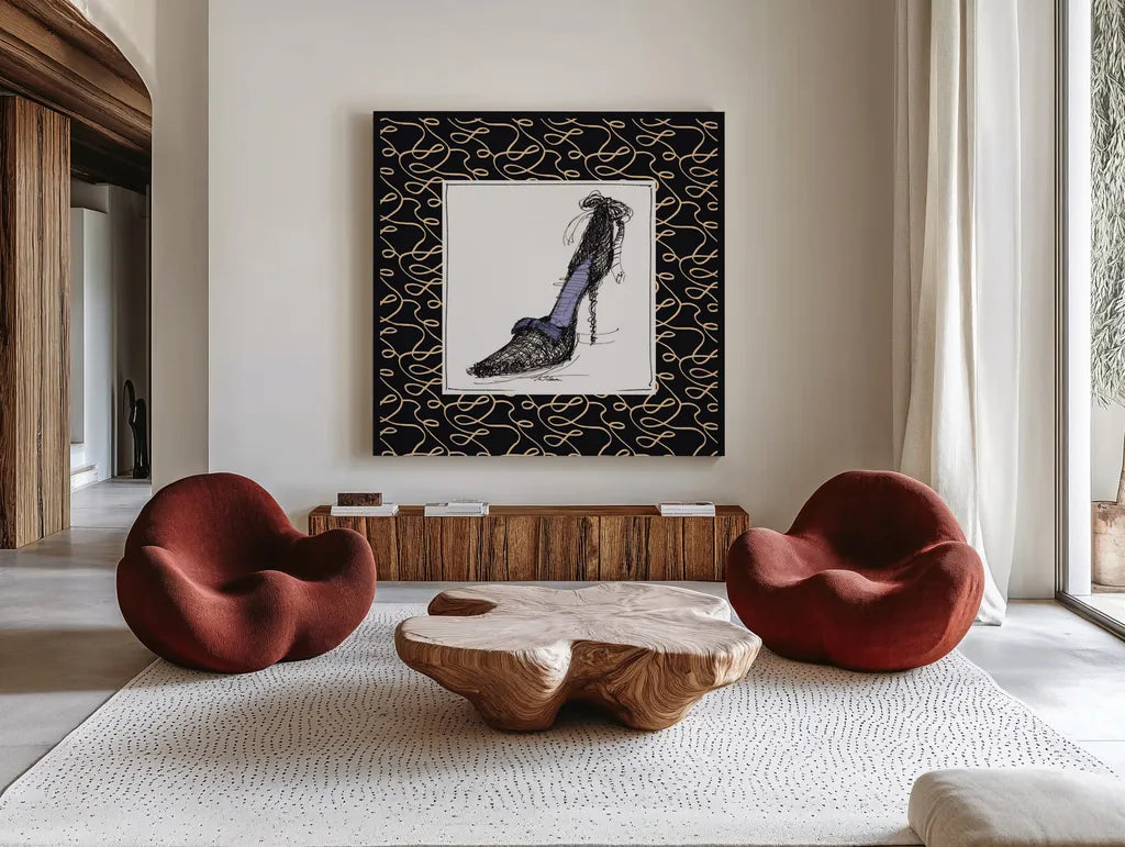 Steppin Out II Purple by Avery Tillmon. Shown as extra-large giant wall art in a modern living room. Available as an archival giclee rolled canvas, fine art paper, or poster print. SKU 49771a.