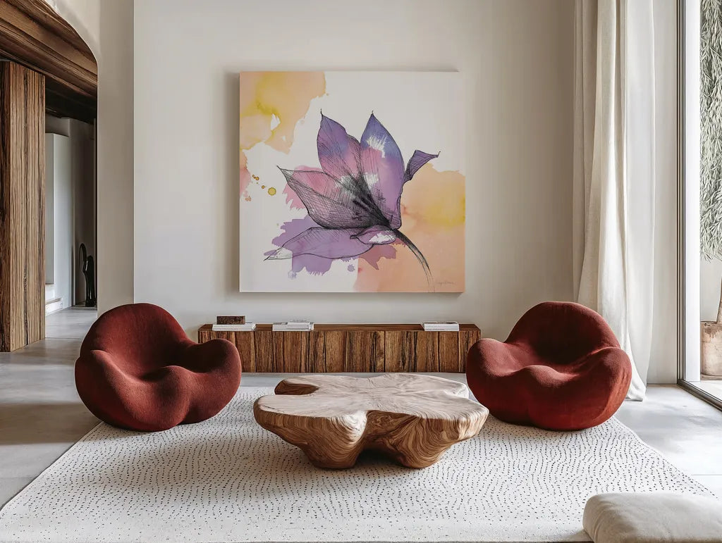 Watercolor Graphite Flower IX by Avery Tillmon. Shown as extra-large giant wall art in a modern living room. Available as an archival giclee rolled canvas, fine art paper, or poster print. SKU 29754a.
