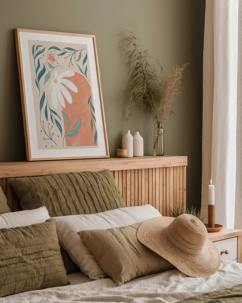 Botanical Poster II by Becky Thorns. shown as a paper print in a natural frame. Available as a archival giclee rolled canvas, fine art paper, or poster print. SKU 86284h.