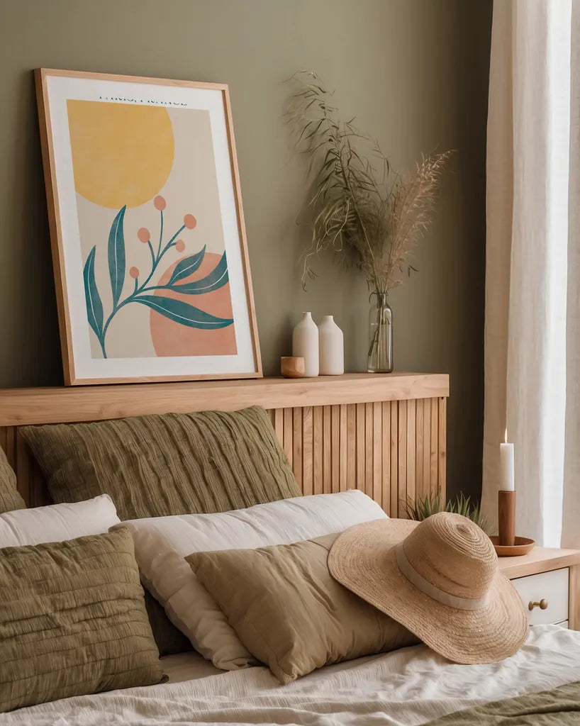 Botanical Poster IV by Becky Thorns. shown as a paper print in a natural frame. Available as a archival giclee rolled canvas, fine art paper, or poster print. SKU 86286h.