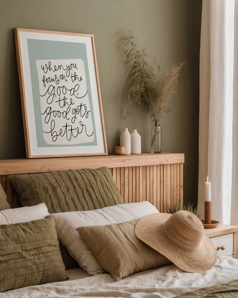 Calm Home IV by Becky Thorns. shown as a paper print in a natural frame. Available as a archival giclee rolled canvas, fine art paper, or poster print. SKU 66902h.