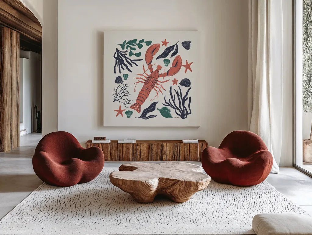 Coastal Reef III by Becky Thorns. Shown as extra-large giant wall art in a modern living room. Available as an archival giclee rolled canvas, fine art paper, or poster print. SKU 72913a.