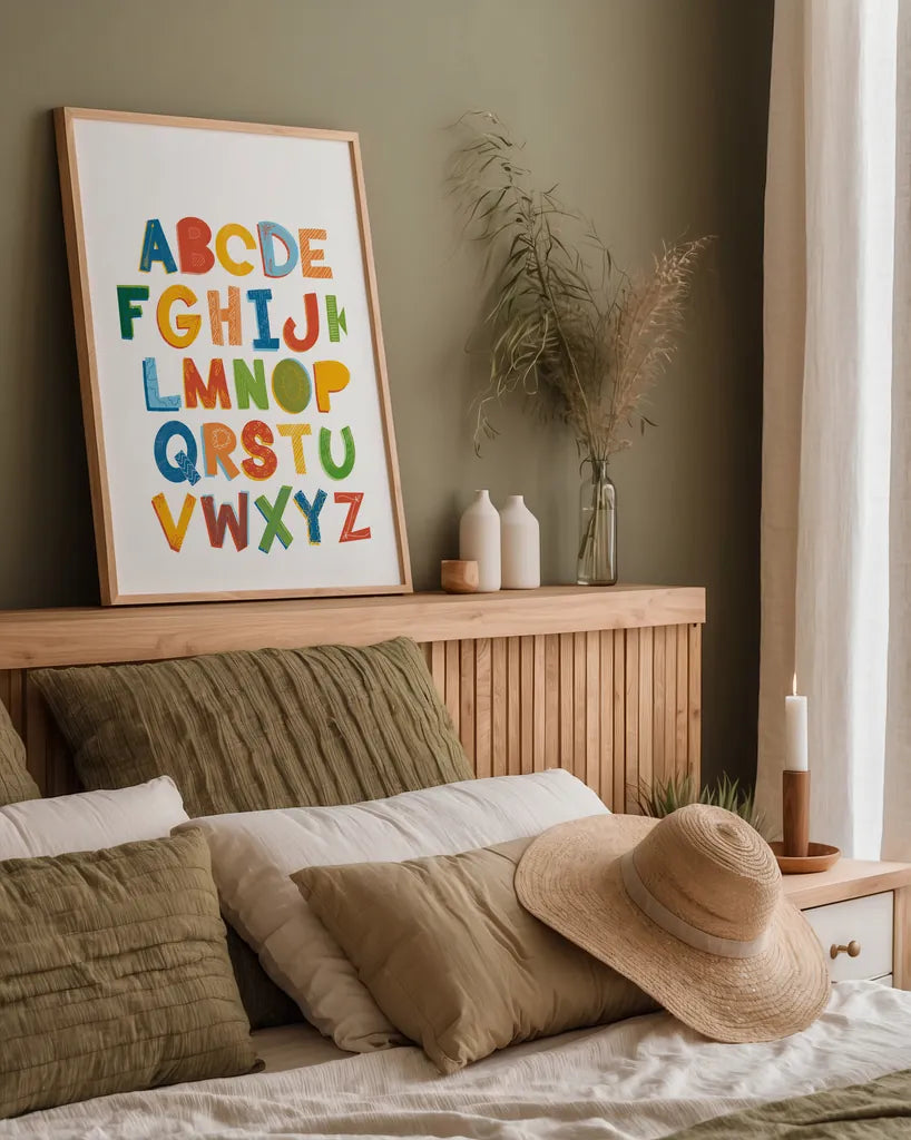 Colorful Alphabet by Becky Thorns. shown as a paper print in a natural frame. Available as a archival giclee rolled canvas, fine art paper, or poster print. SKU 59586h.