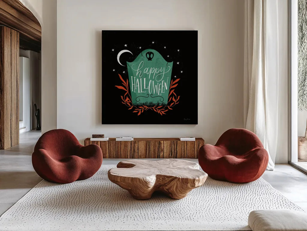Cute Halloween I by Becky Thorns. Shown as extra-large giant wall art in a modern living room. Available as an archival giclee rolled canvas, fine art paper, or poster print. SKU 74384a.
