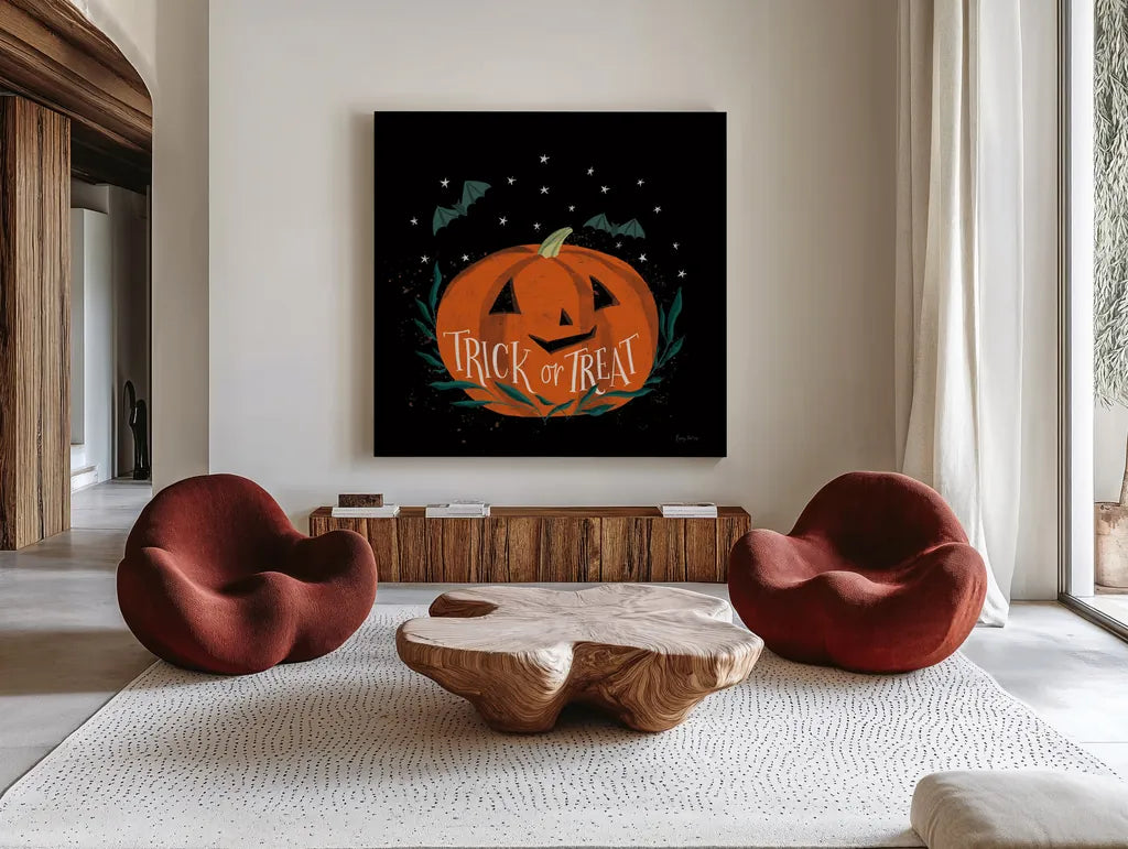 Cute Halloween II by Becky Thorns. Shown as extra-large giant wall art in a modern living room. Available as an archival giclee rolled canvas, fine art paper, or poster print. SKU 74385a.