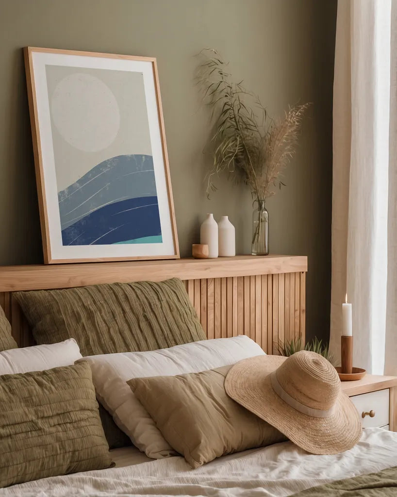 Desert Sunrise I Blue by Becky Thorns. shown as a paper print in a natural frame. Available as a archival giclee rolled canvas, fine art paper, or poster print. SKU 74762h.