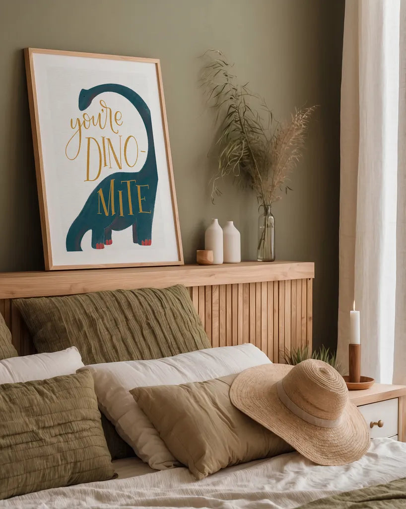 Dinomite by Becky Thorns. shown as a paper print in a natural frame. Available as a archival giclee rolled canvas, fine art paper, or poster print. SKU 61424h.