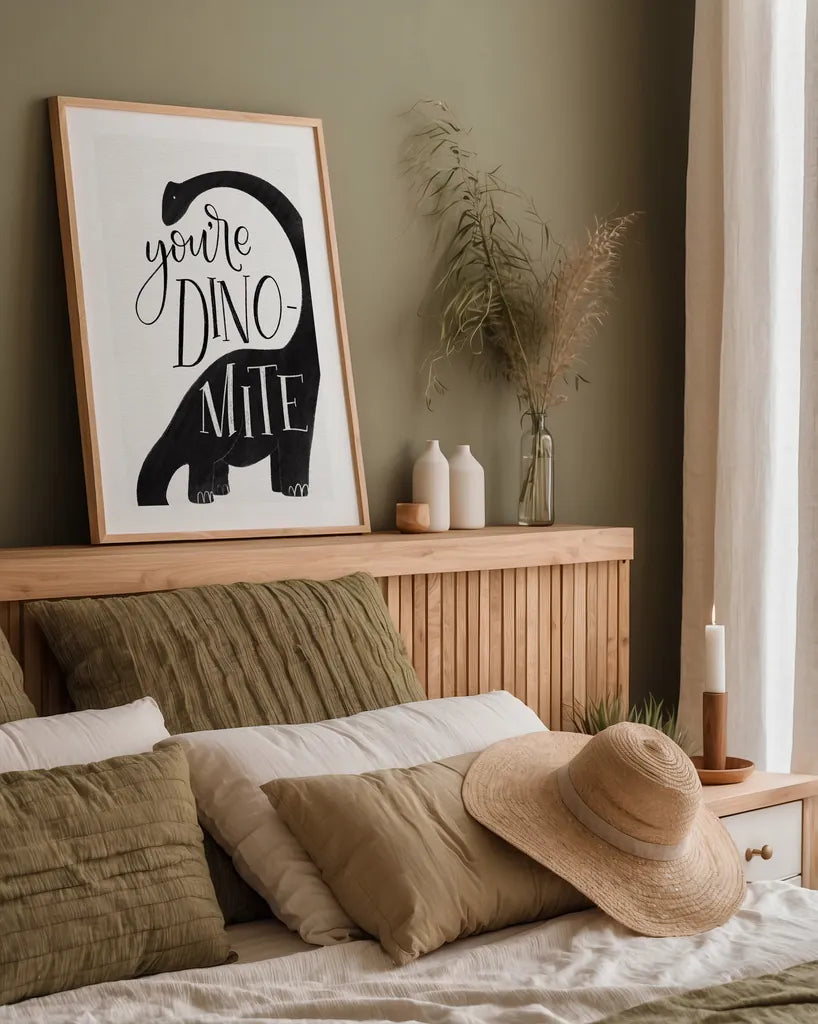 Dinomite BW by Becky Thorns. shown as a paper print in a natural frame. Available as a archival giclee rolled canvas, fine art paper, or poster print. SKU 61425h.