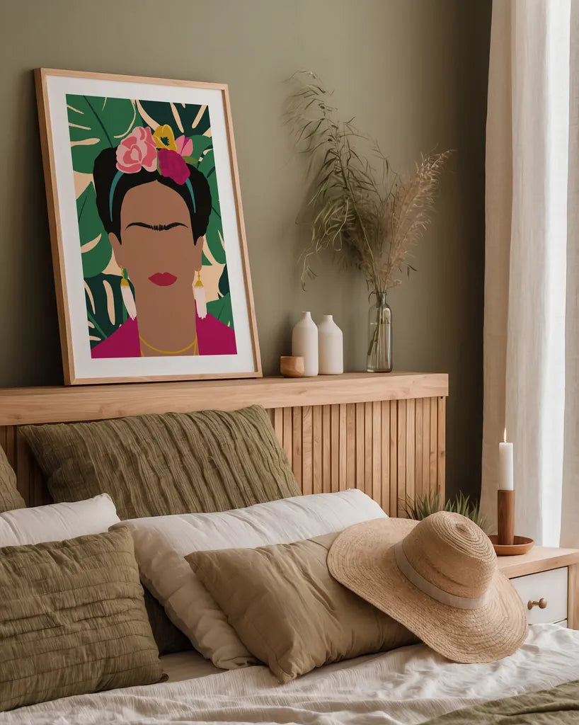 Frida Kahlo I Palms No Distress by Becky Thorns. shown as a paper print in a natural frame. Available as a archival giclee rolled canvas, fine art paper, or poster print. SKU 71836h.