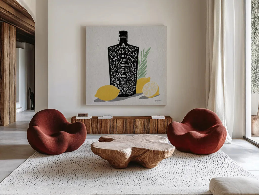 Fruity Spirits Gin by Becky Thorns. Shown as extra-large giant wall art in a modern living room. Available as an archival giclee rolled canvas, fine art paper, or poster print. SKU 54988a.