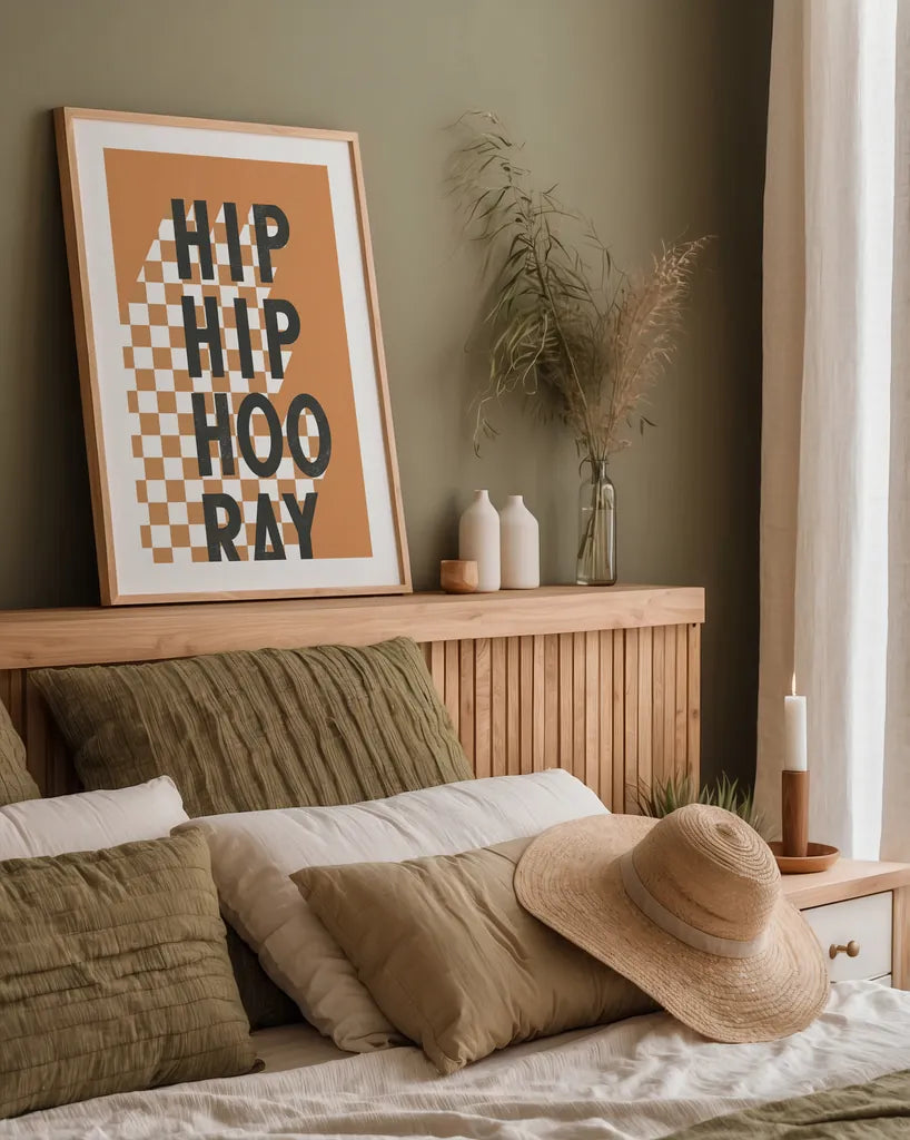 Hip Hip Hooray Checkered by Becky Thorns. shown as a paper print in a natural frame. Available as a archival giclee rolled canvas, fine art paper, or poster print. SKU 87463h.