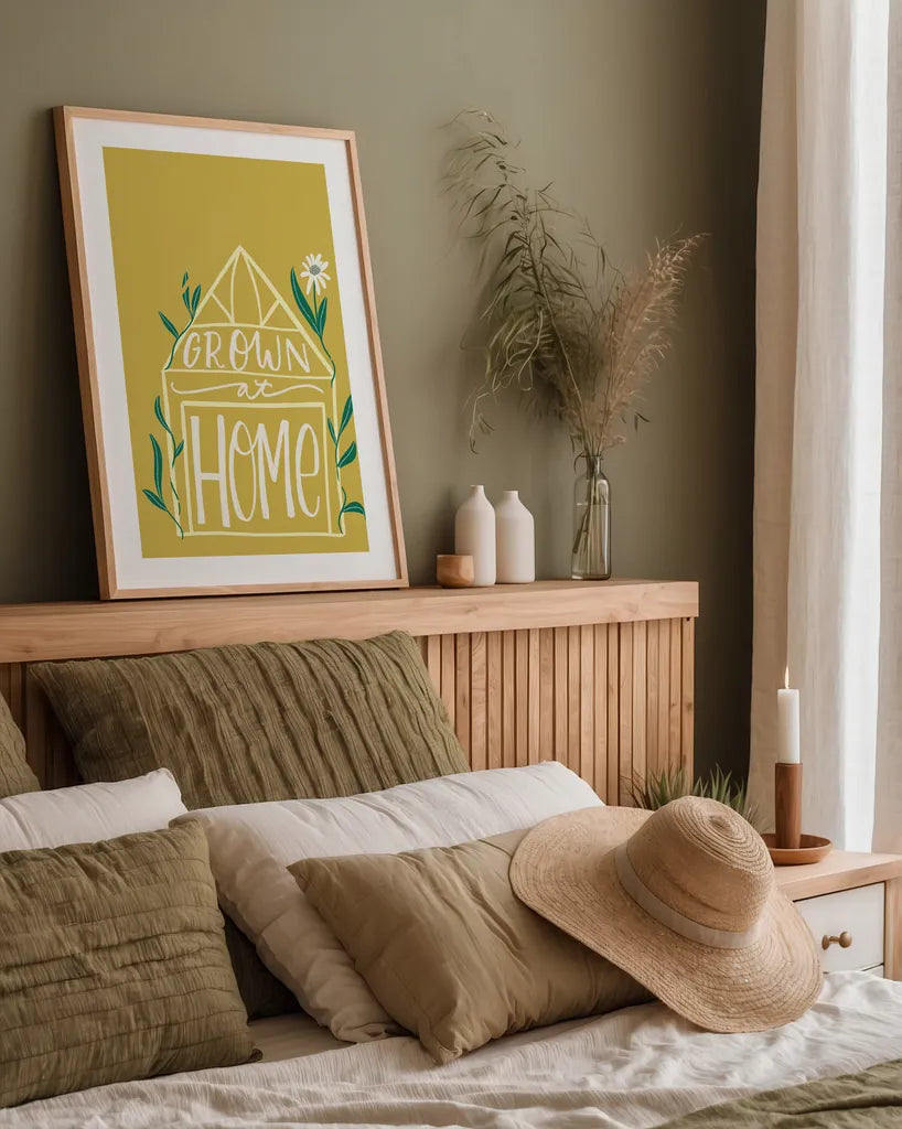 Home Grown I by Becky Thorns. shown as a paper print in a natural frame. Available as a archival giclee rolled canvas, fine art paper, or poster print. SKU 71106h.