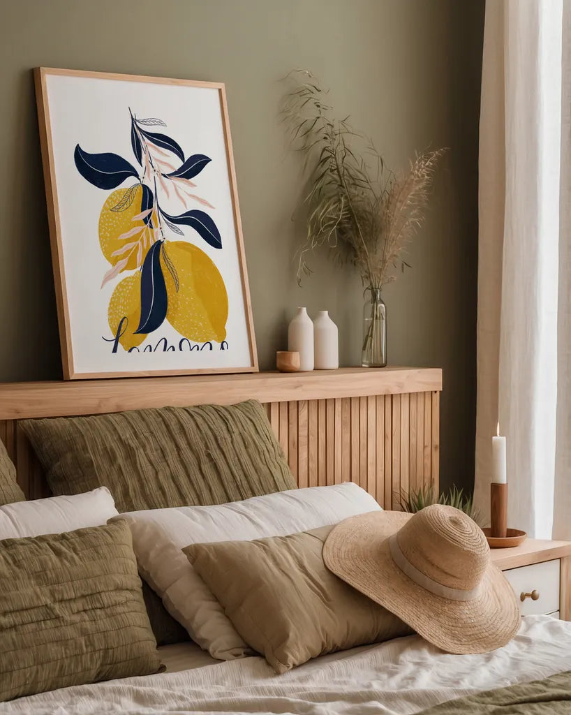 Lemons I by Becky Thorns. shown as a paper print in a natural frame. Available as a archival giclee rolled canvas, fine art paper, or poster print. SKU 64702h.