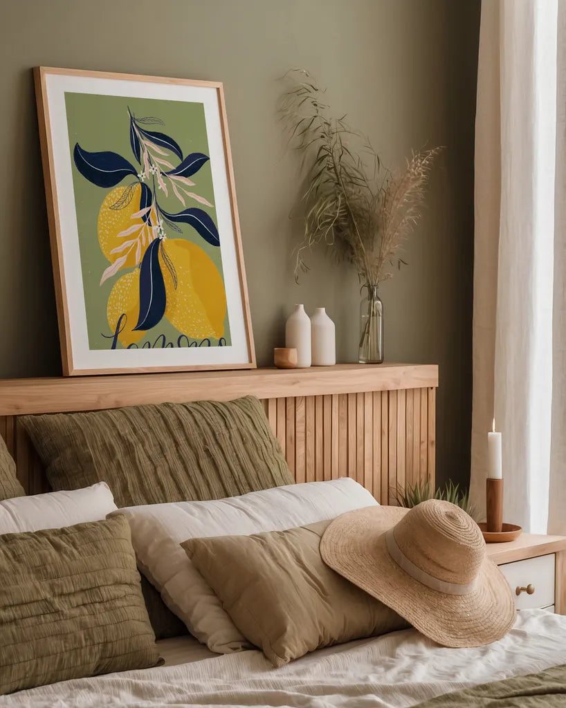 Lemons I Green by Becky Thorns. shown as a paper print in a natural frame. Available as a archival giclee rolled canvas, fine art paper, or poster print. SKU 64704h.