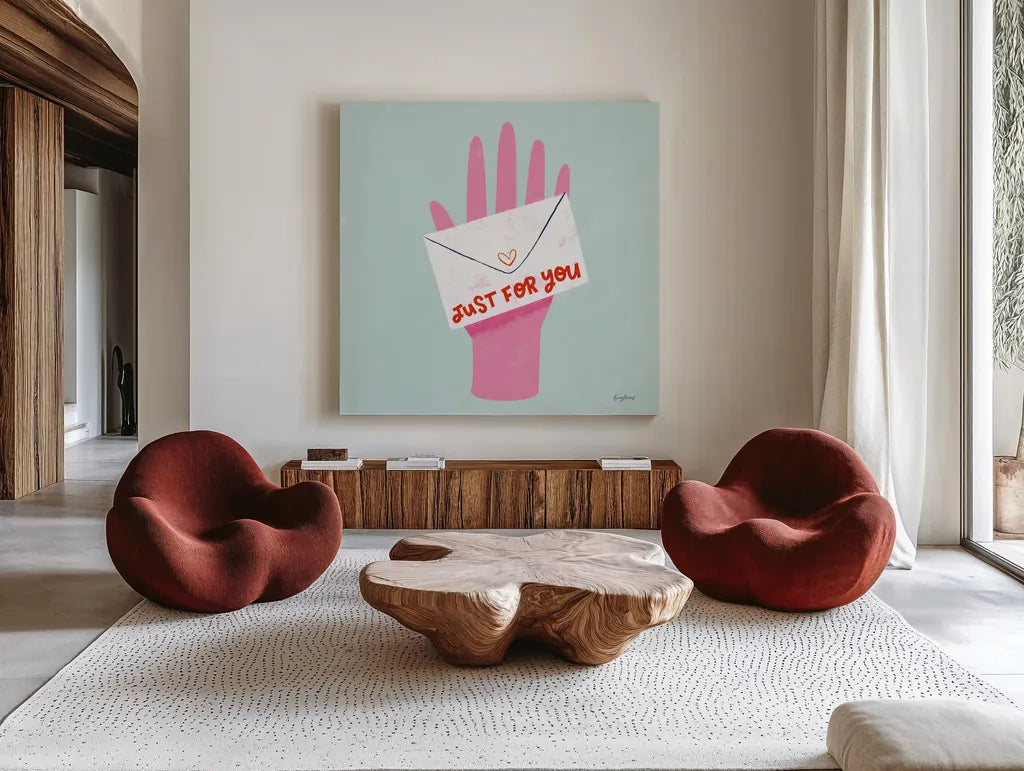 Love Letters I by Becky Thorns. Shown as extra-large giant wall art in a modern living room. Available as an archival giclee rolled canvas, fine art paper, or poster print. SKU 68906a.