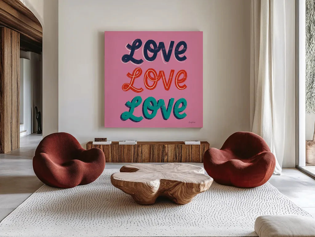 Love Letters III by Becky Thorns. Shown as extra-large giant wall art in a modern living room. Available as an archival giclee rolled canvas, fine art paper, or poster print. SKU 68908a.