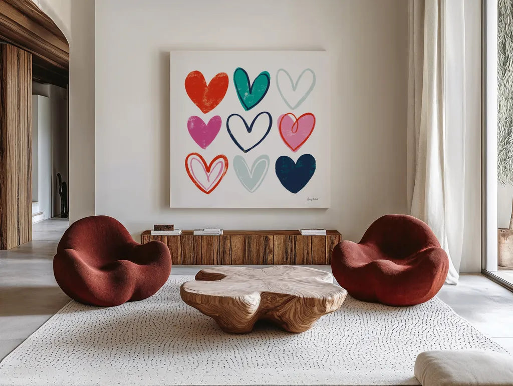 Love Letters VI by Becky Thorns. Shown as extra-large giant wall art in a modern living room. Available as an archival giclee rolled canvas, fine art paper, or poster print. SKU 68911a.