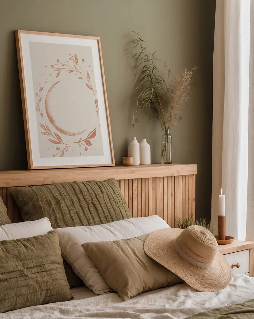 Lunar I Neutral by Becky Thorns. shown as a paper print in a natural frame. Available as a archival giclee rolled canvas, fine art paper, or poster print. SKU 75900h.