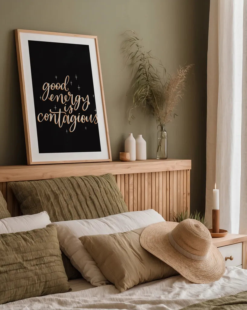 Mod Glam Good Energy II Black by Becky Thorns. shown as a paper print in a natural frame. Available as a archival giclee rolled canvas, fine art paper, or poster print. SKU 68876h.