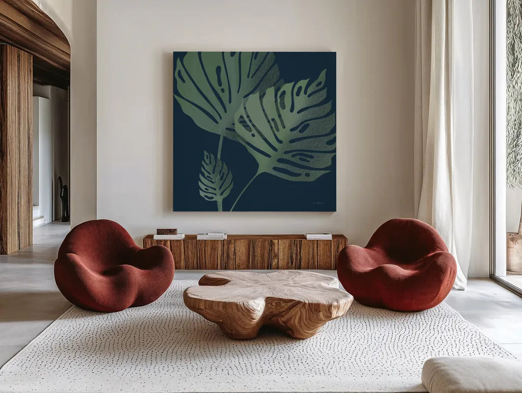 Monstera III by Becky Thorns. Shown as extra-large giant wall art in a modern living room. Available as an archival giclee rolled canvas, fine art paper, or poster print. SKU 52081a.