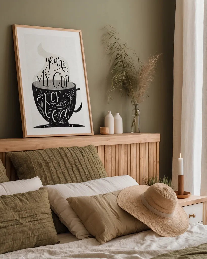 My Cup of Tea BW by Becky Thorns. shown as a paper print in a natural frame. Available as a archival giclee rolled canvas, fine art paper, or poster print. SKU 61427h.