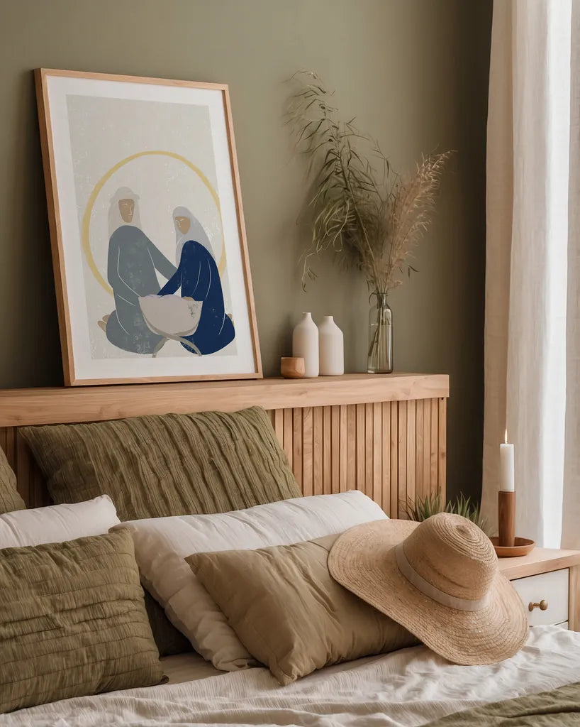 Nativity II with Navy no Words by Becky Thorns. shown as a paper print in a natural frame. Available as a archival giclee rolled canvas, fine art paper, or poster print. SKU 81957h.