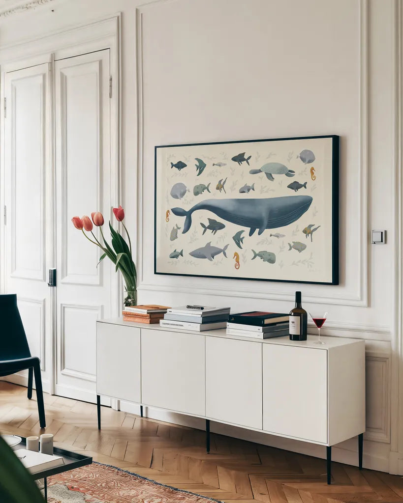 Ocean Life by Becky Thorns. shown as a framed stretched canvas in a living room above a console. Available as a archival giclee rolled canvas, fine art paper, or poster print. SKU 54178i.
