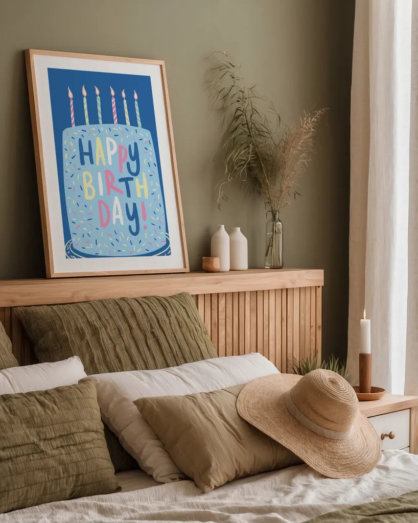 Party Time I by Becky Thorns. shown as a paper print in a natural frame. Available as a archival giclee rolled canvas, fine art paper, or poster print. SKU 88317h.