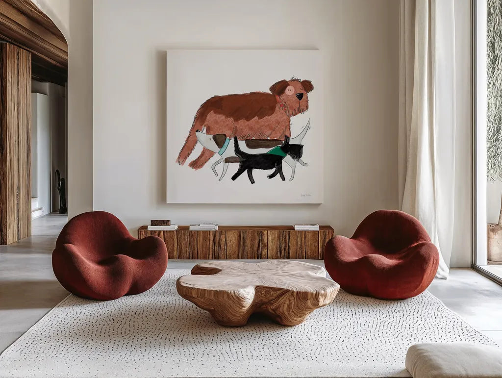 Playful Pets Dogs II by Becky Thorns. Shown as extra-large giant wall art in a modern living room. Available as an archival giclee rolled canvas, fine art paper, or poster print. SKU 61408a.