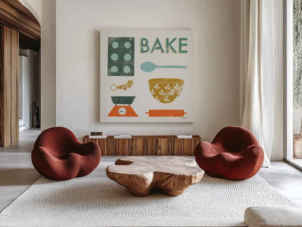 Retro Kitchen II by Becky Thorns. Shown as extra-large giant wall art in a modern living room. Available as an archival giclee rolled canvas, fine art paper, or poster print. SKU 73293a.