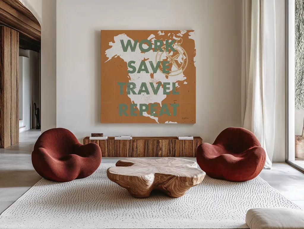 ScandiMap V Brown by Becky Thorns. Shown as extra-large giant wall art in a modern living room. Available as an archival giclee rolled canvas, fine art paper, or poster print. SKU 64492a.