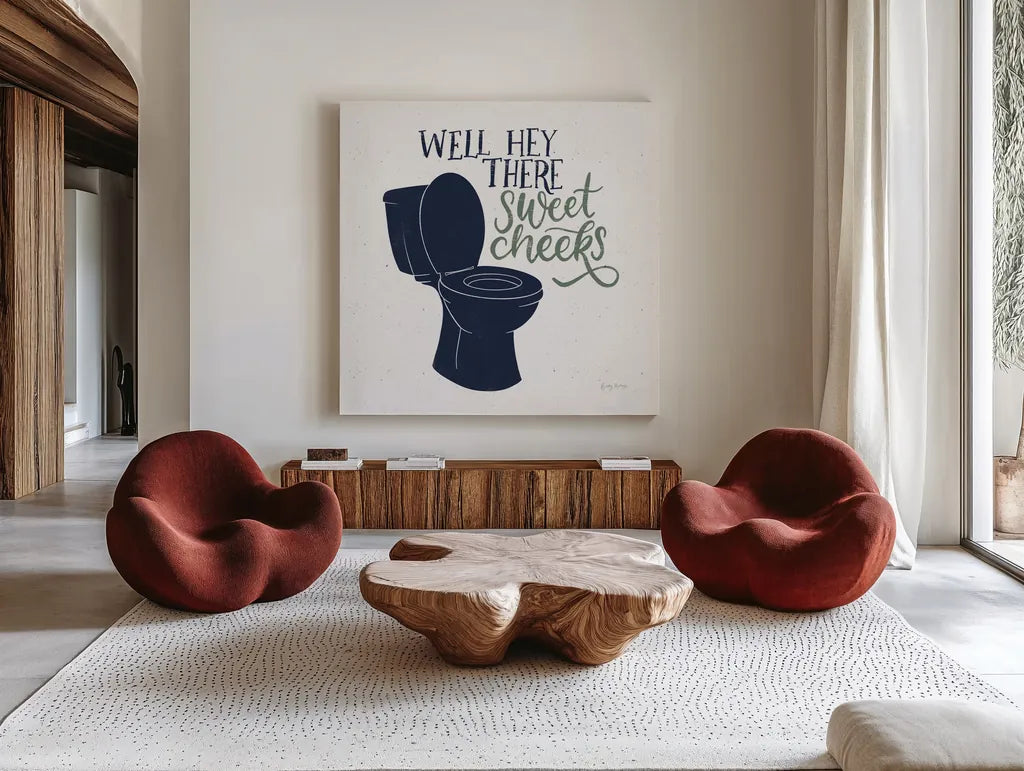 Turkish Tile Bathroom Puns III BG by Becky Thorns. Shown as extra-large giant wall art in a modern living room. Available as an archival giclee rolled canvas, fine art paper, or poster print. SKU 62310a.