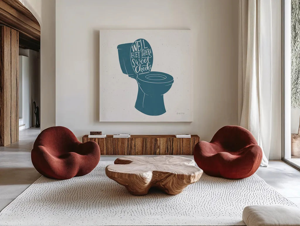 Turkish Tile Bathroom Puns IV by Becky Thorns. Shown as extra-large giant wall art in a modern living room. Available as an archival giclee rolled canvas, fine art paper, or poster print. SKU 58434a.